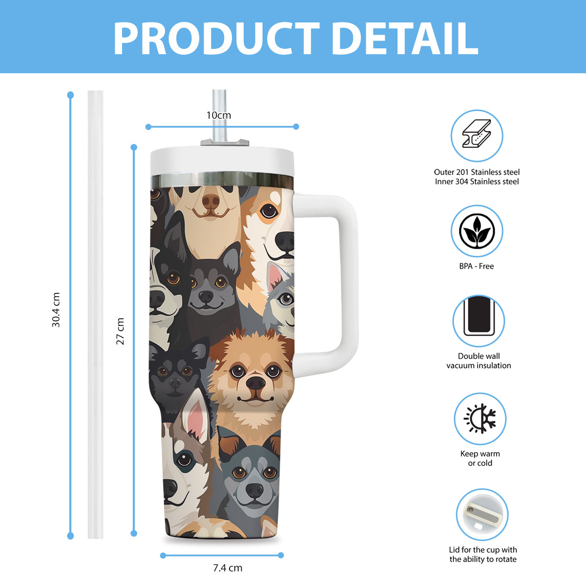 Cute Dog Tumbler 40oz With Handle, Dog Face Pattern 40oz Tumbler, Puppies Tumbler with Straw, Dog Lover Tumbler, Stainless Steel Tumbler, Insulated Tumbler 05