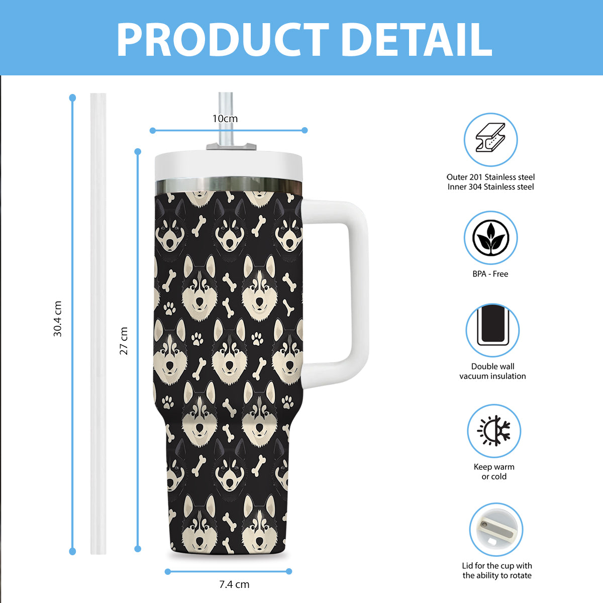 Cute Siberian Husky Tumbler 40oz With Handle, Siberian Husky Pattern 40oz Tumbler, Dog Paw Photo Tumbler with Straw, Dog Lover Tumbler, Stainless Steel Tumbler, Insulated Tumbler 01