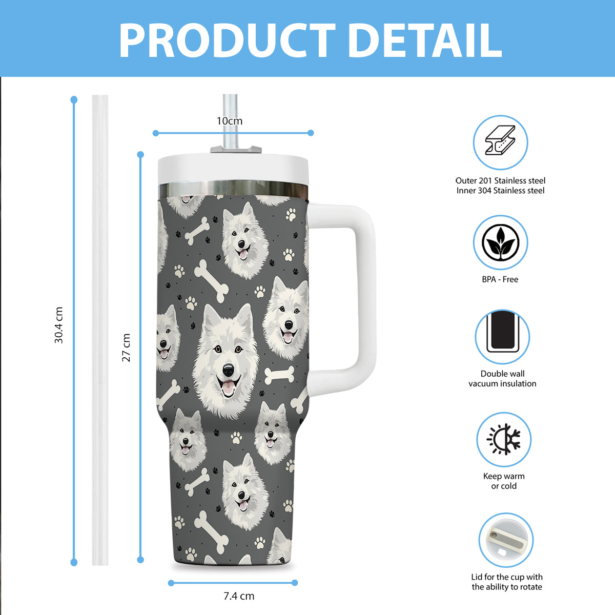 Cute Samoyed Tumbler 40oz With Handle, Samoyed Pattern 40oz Tumbler, Dog Paw Photo Tumbler with Straw, Dog Lover Tumbler, Stainless Steel Tumbler, Insulated Tumbler 02