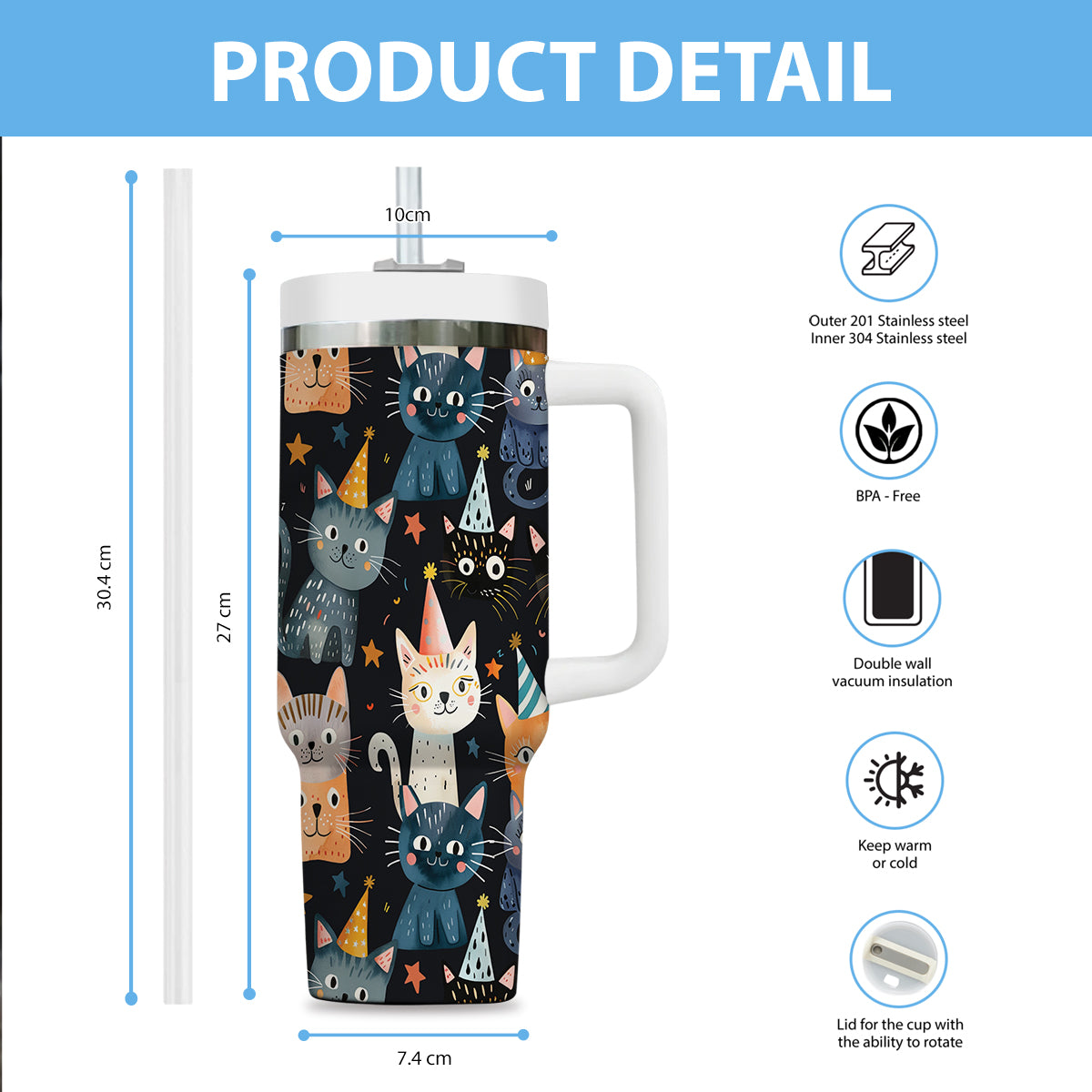 Cute Cat Tumbler 40oz With Handle, Cat Pattern 40oz Tumbler, Cat Lover Tumbler 40oz, Stainless Steel Tumbler, Insulated Tumbler 14