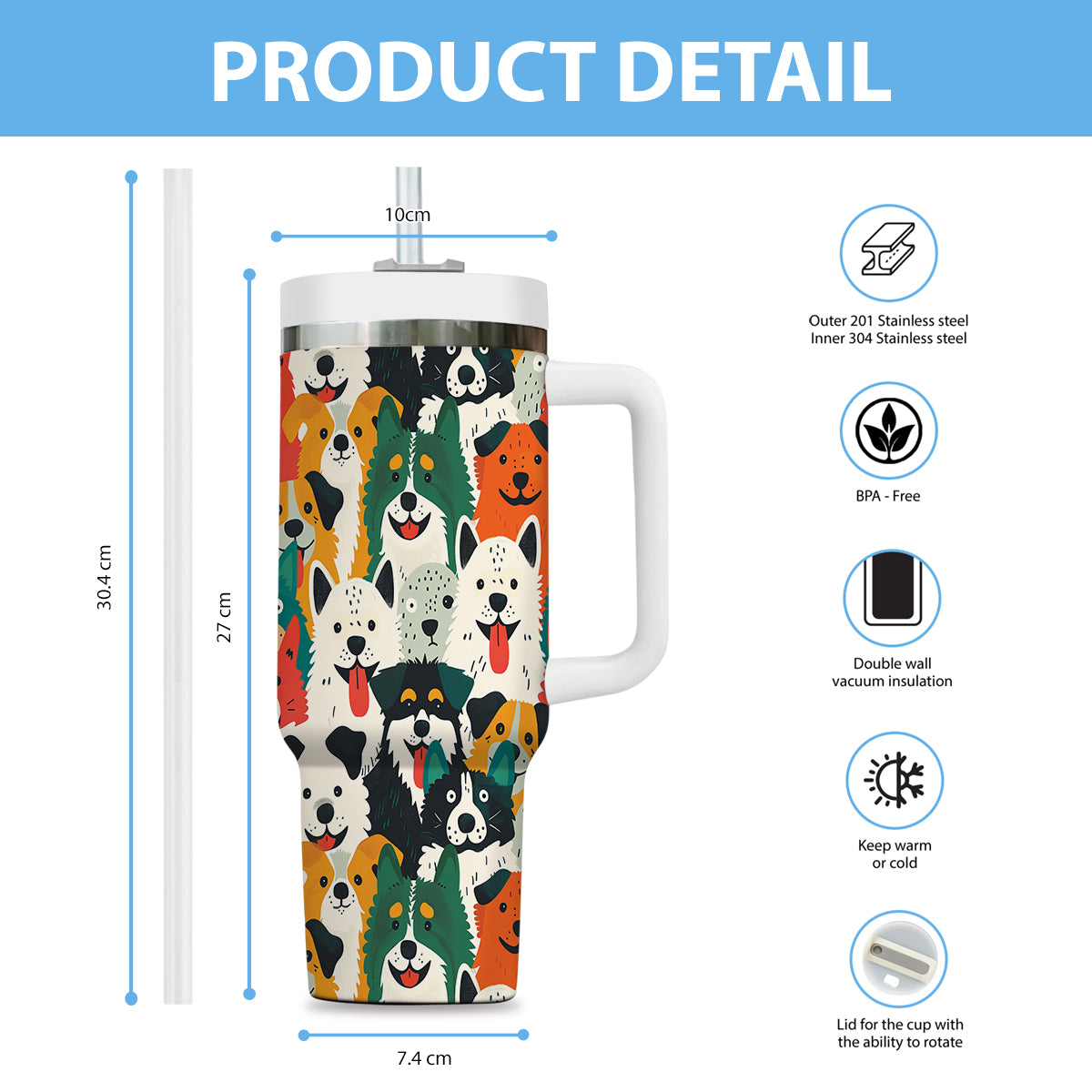 Cute Dog Tumbler 40oz With Handle, Dog Face Pattern 40oz Tumbler, Puppies Tumbler with Straw, Dog Lover Tumbler, Stainless Steel Tumbler, Insulated Tumbler 01