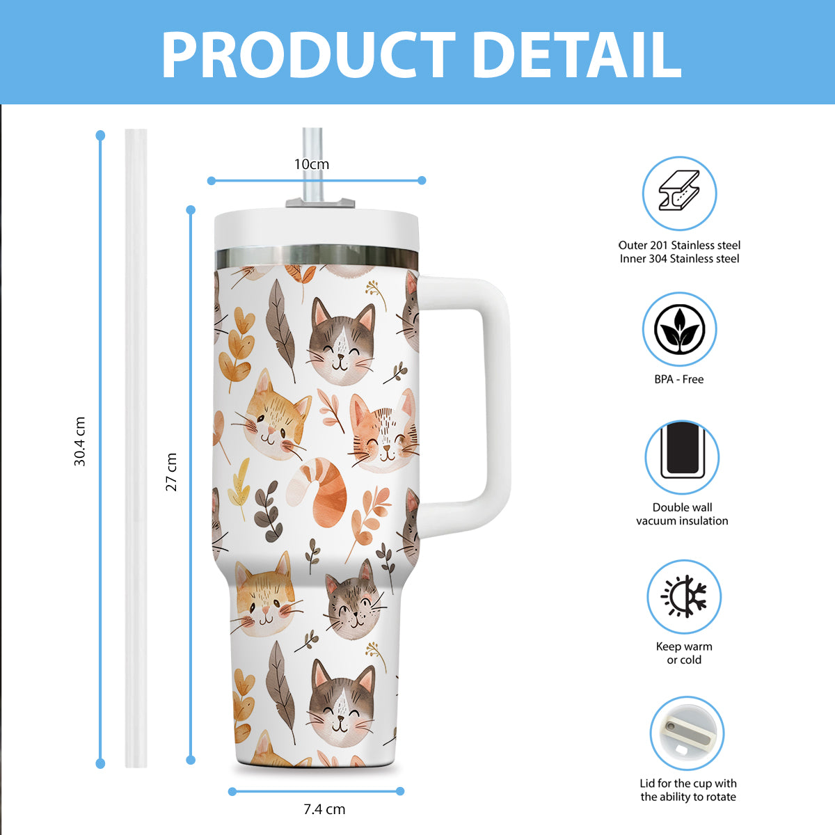 Cute Cat Tumbler 40oz With Handle, Cat Pattern 40oz Tumbler, Cat Lover Tumbler 40oz, Stainless Steel Tumbler, Insulated Tumbler 15