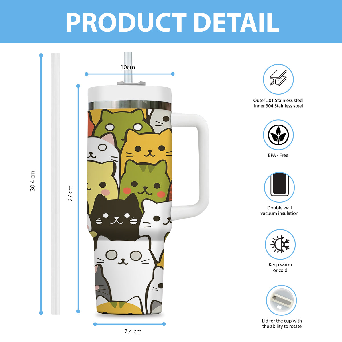 Cute Cat Tumbler 40oz With Handle, Cat Pattern 40oz Tumbler, Cat Lover Tumbler 40oz, Stainless Steel Tumbler, Insulated Tumbler 25