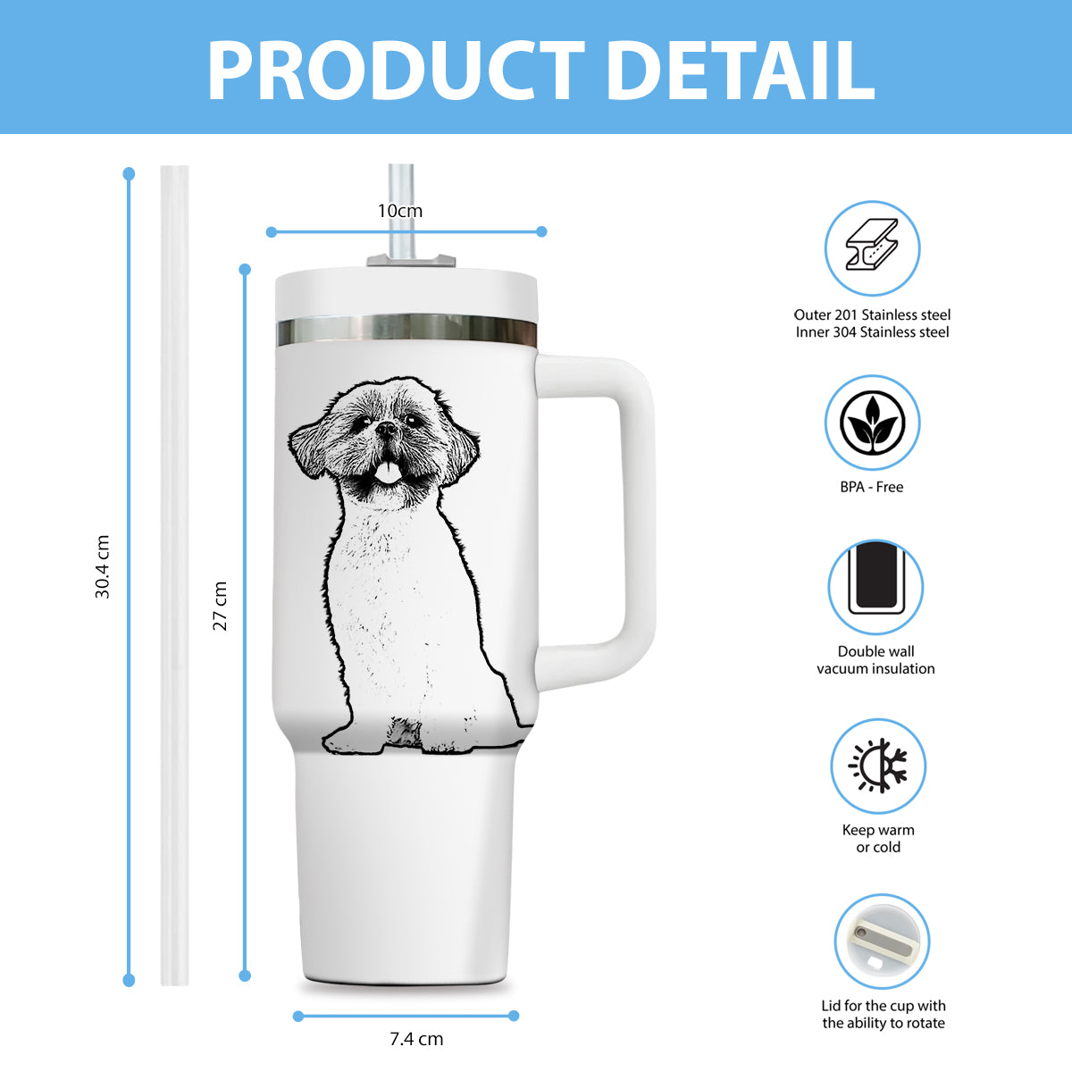 Custom Pet Photo Tumbler 40oz With Handle, Line Drawing Photo Tumbler, Line Art, Puppies Tumbler with Straw, Dog Lover Tumbler, Stainless Steel Tumbler, Insulated Tumbler, Pet Photo Gift with Custom Pet Image, Custom Pet Art, Pet Drawing 12