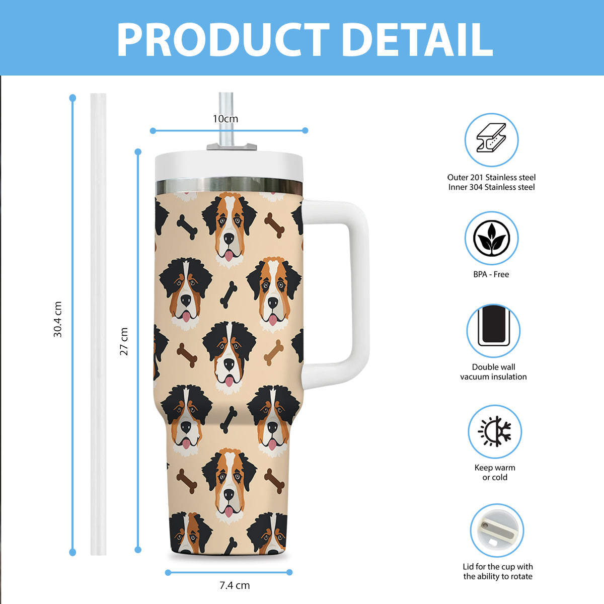 Cute St. Bernard Tumbler 40oz With Handle, St. Bernard Pattern 40oz Tumbler, Dog Paw Photo Tumbler with Straw, Dog Lover Tumbler, Stainless Steel Tumbler, Insulated Tumbler