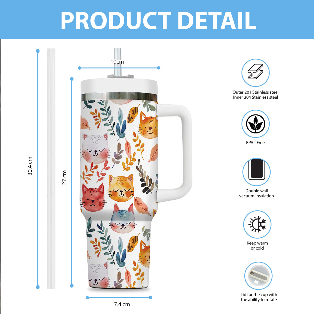 Cute Cat Tumbler 40oz With Handle, Cat Pattern 40oz Tumbler, Cat Lover Tumbler 40oz, Stainless Steel Tumbler, Insulated Tumbler 12