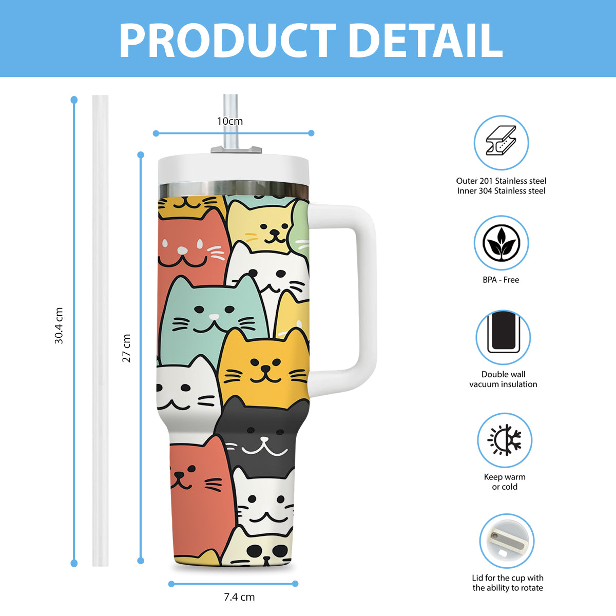 Cute Cat Tumbler 40oz With Handle, Cat Pattern 40oz Tumbler, Cat Lover Tumbler 40oz, Stainless Steel Tumbler, Insulated Tumbler 26