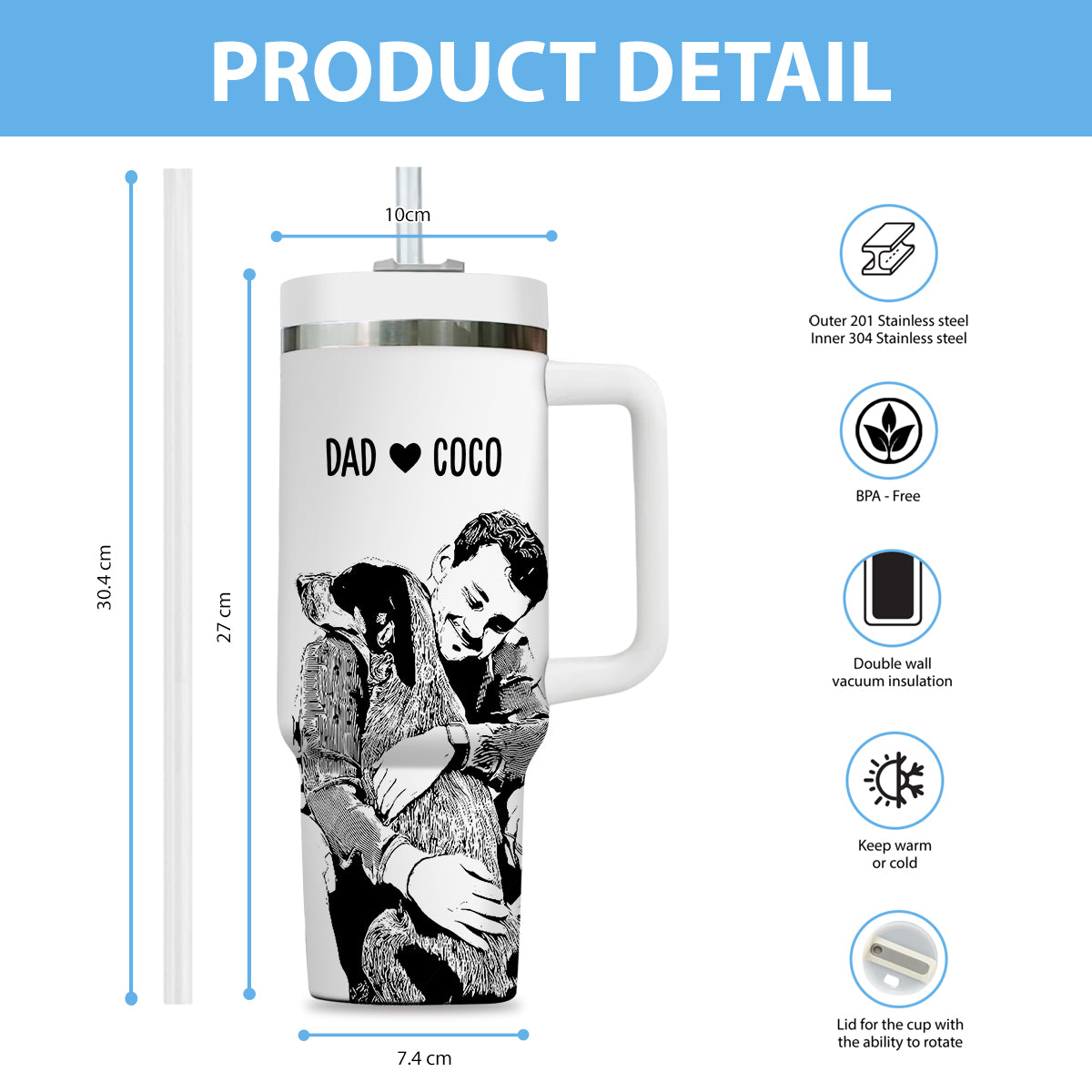 Custom Pet Photo Tumbler 40oz With Handle, Line Drawing Photo Tumbler, Pet and Owner Portrait, Puppies Tumbler with Straw, Dog Lover Tumbler, Stainless Steel Tumbler, Insulated Tumbler, Custom Pet Art, Pet Owner Gift 13