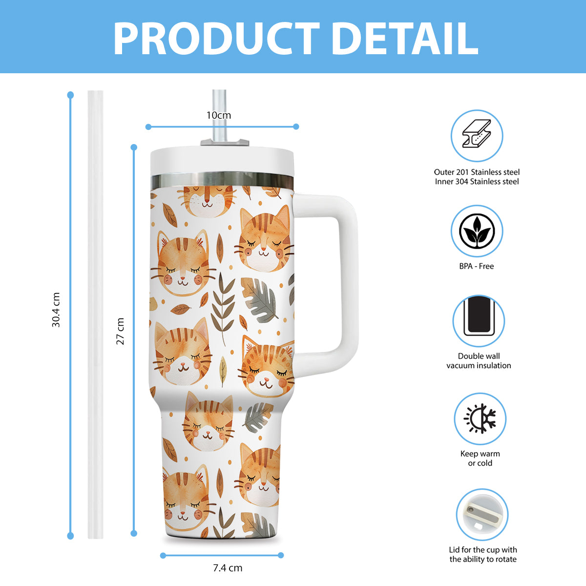 Cute Cat Tumbler 40oz With Handle, Cat Pattern 40oz Tumbler, Cat Lover Tumbler 40oz, Stainless Steel Tumbler, Insulated Tumbler 16