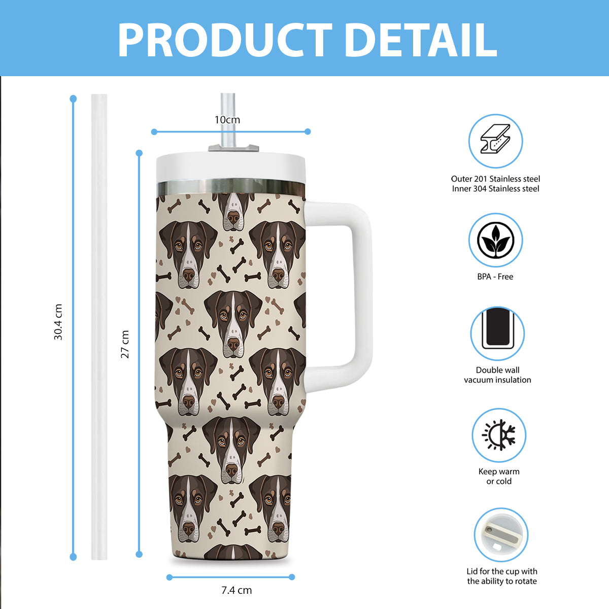 Cute German Shorthaired Pointer Tumbler 40oz With Handle, German Shorthaired Pointer Pattern 40oz Tumbler, Dog Paw Photo Tumbler with Straw, Dog Lover Tumbler, Stainless Steel Tumbler, Insulated Tumbler