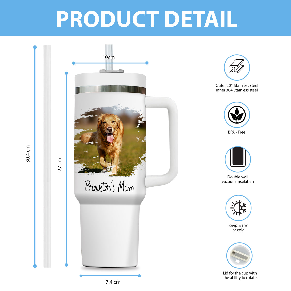 Custom Pet Photo Tumbler 40oz With Handle, Dog Photo Tumbler, Puppies Tumbler with Straw, Dog Lover Tumbler, Favorite Pet Tumbler, Stainless Steel Tumbler, Insulated Tumbler, Pet Photo Gift with Custom Pet Image 02