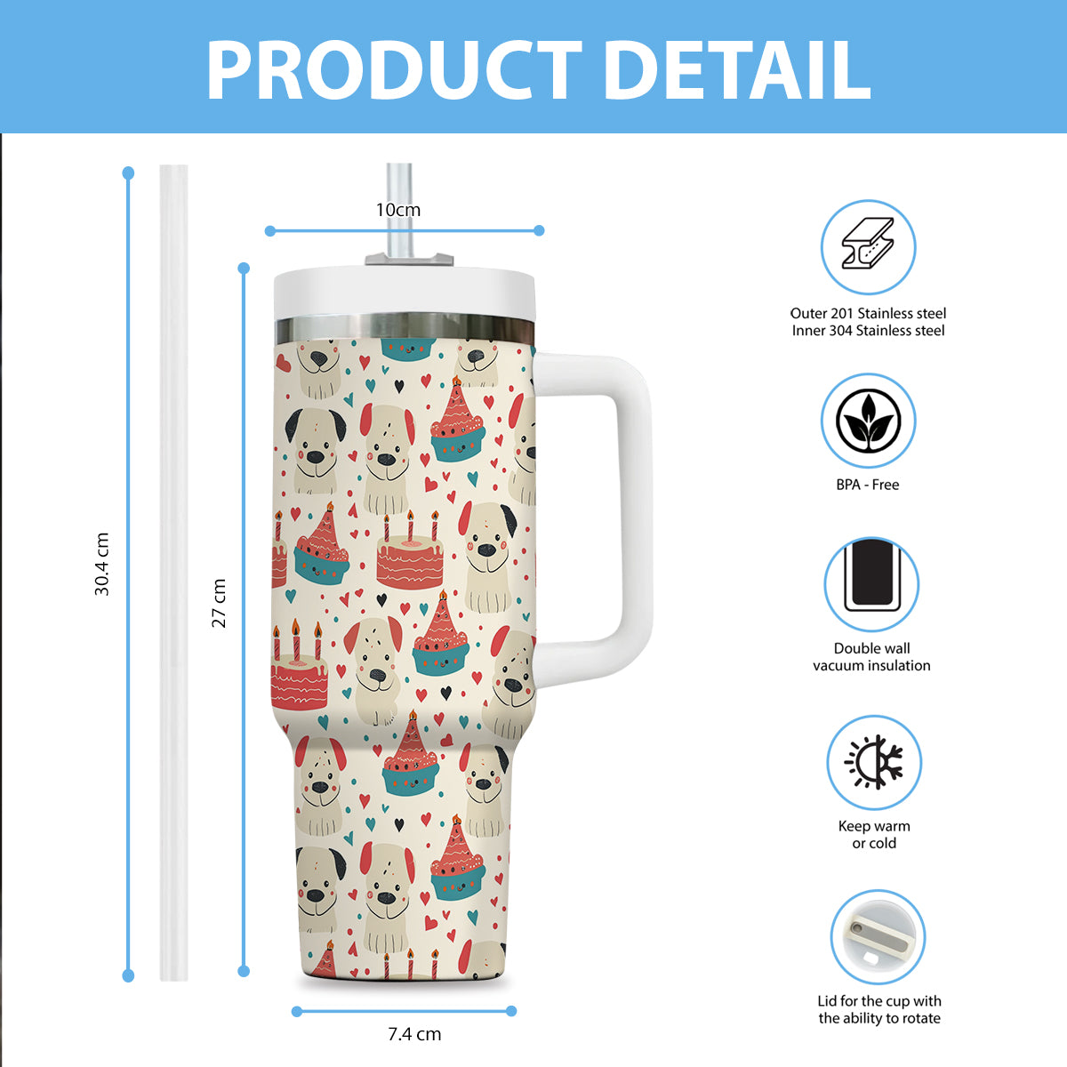 Cute Dog Tumbler 40oz With Handle, Dog Face Pattern 40oz Tumbler, Puppies Tumbler with Straw, Dog Lover Tumbler, Stainless Steel Tumbler, Insulated Tumbler 04