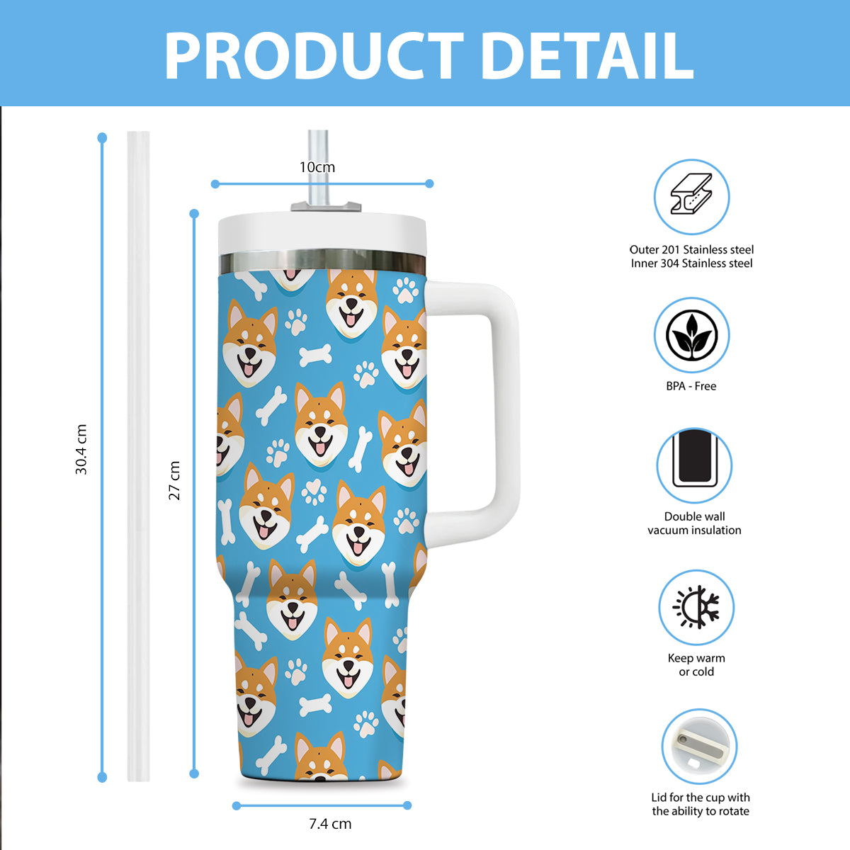 Cute Shiba Tumbler 40oz With Handle, Shiba Pattern 40oz Tumbler, Dog Paw Photo Tumbler with Straw, Dog Lover Tumbler, Stainless Steel Tumbler, Insulated Tumbler 01