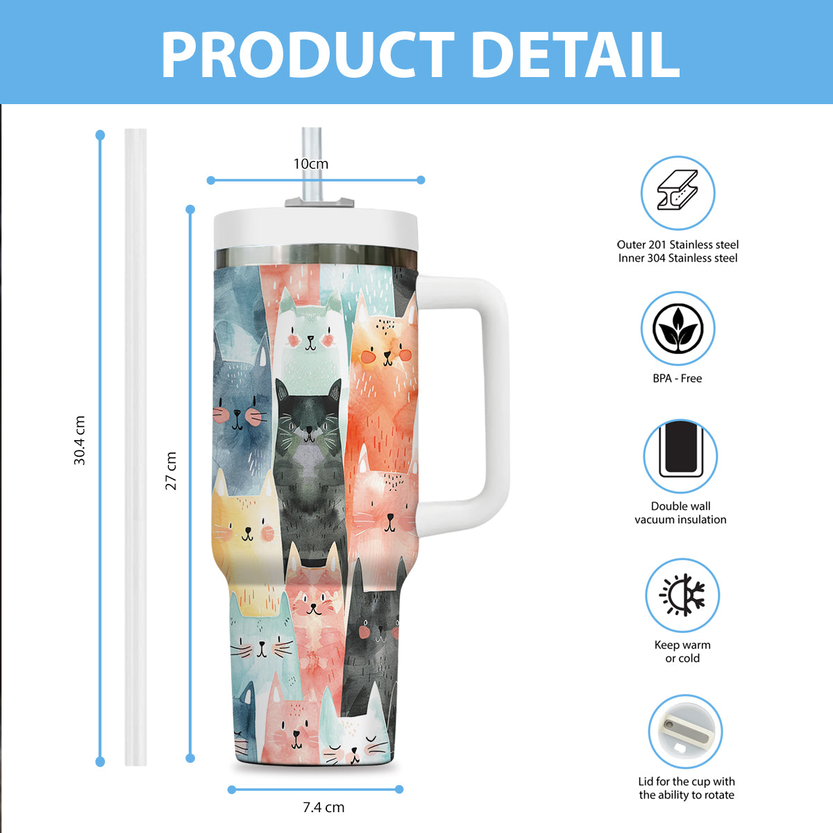 Cute Cat Tumbler 40oz With Handle, Cat Pattern 40oz Tumbler, Cat Lover Tumbler 40oz, Stainless Steel Tumbler, Insulated Tumbler 19