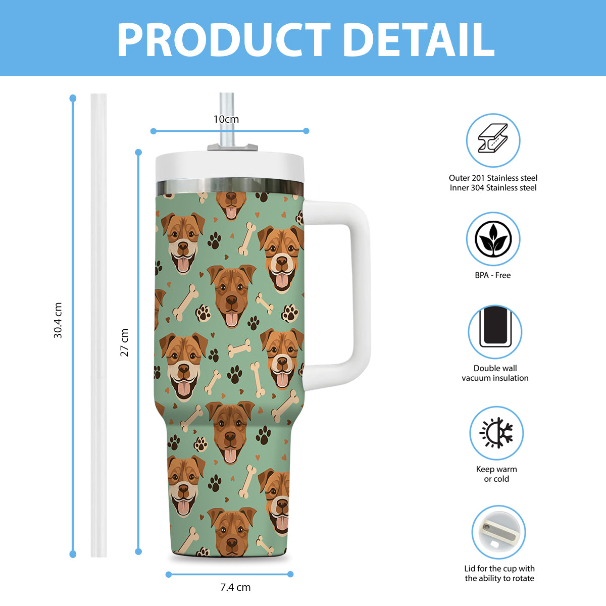 Cute Pitbull Tumbler 40oz With Handle, Pitbull Pattern 40oz Tumbler, Dog Paw Photo Tumbler with Straw, Dog Lover Tumbler, Stainless Steel Tumbler, Insulated Tumbler