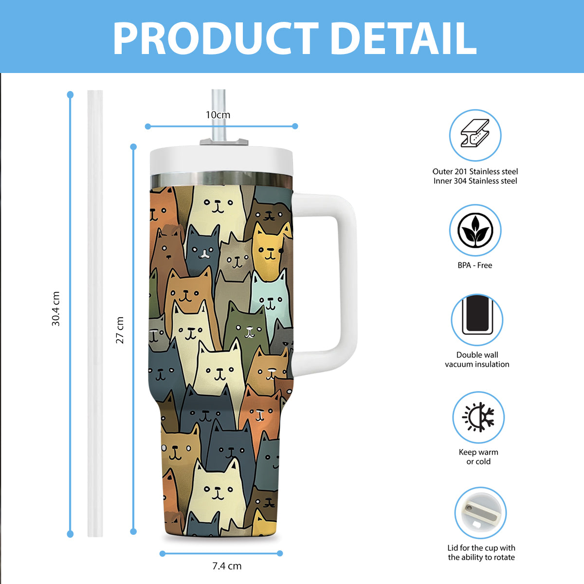 Cute Cat Tumbler 40oz With Handle, Cat Pattern 40oz Tumbler, Cat Lover Tumbler 40oz, Stainless Steel Tumbler, Insulated Tumbler 20