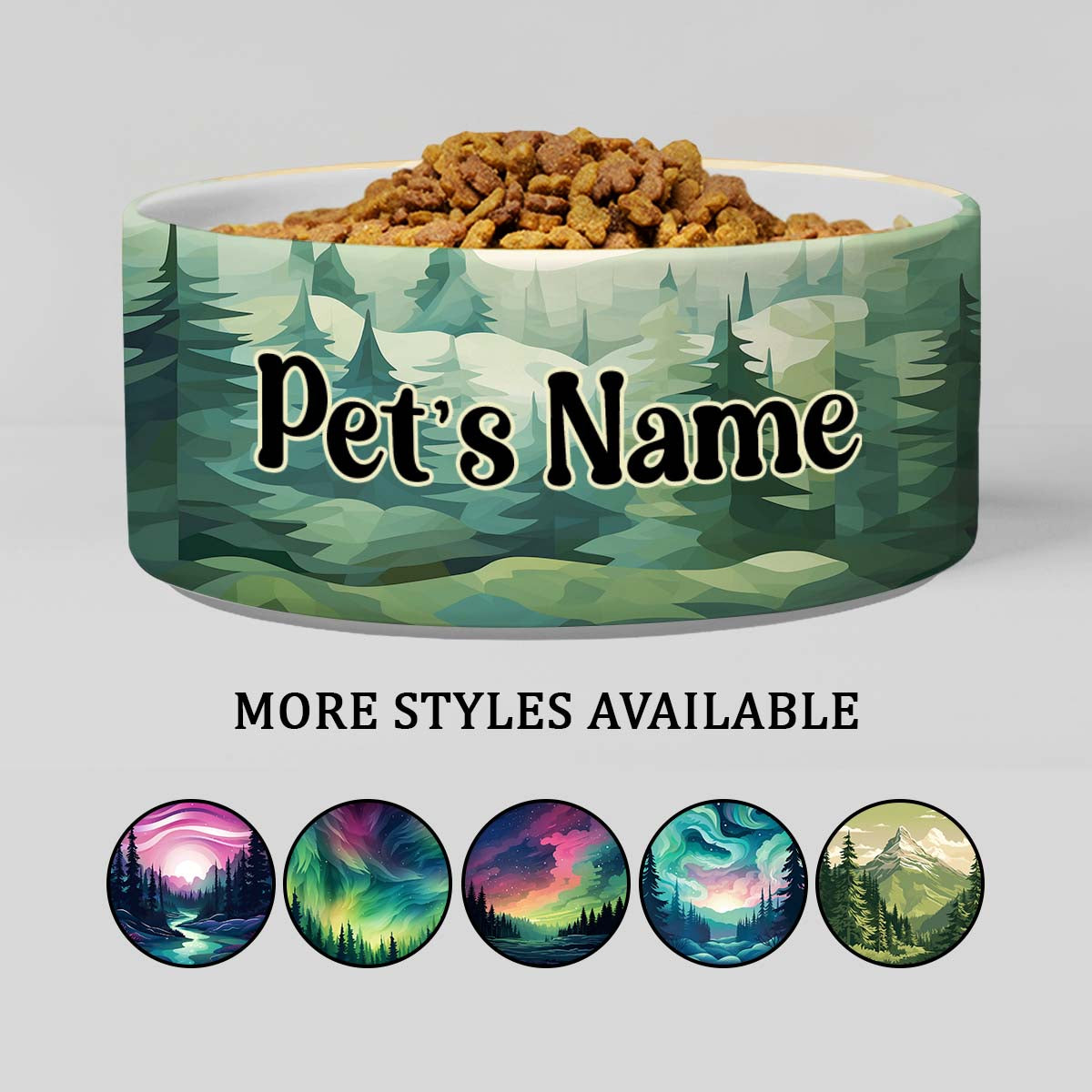 Personalized Dog Pet Cat Bowls, Alaskan Mountain Forest Trees Custom Pet Bowls for Dogs and Cats, Eclectic Modern Spotted Dishes With Name, Ceramic Custom Cute Dog Bowls, Designer Large and Small Dog Cat Pet Bowls Dish, Gift for Pet