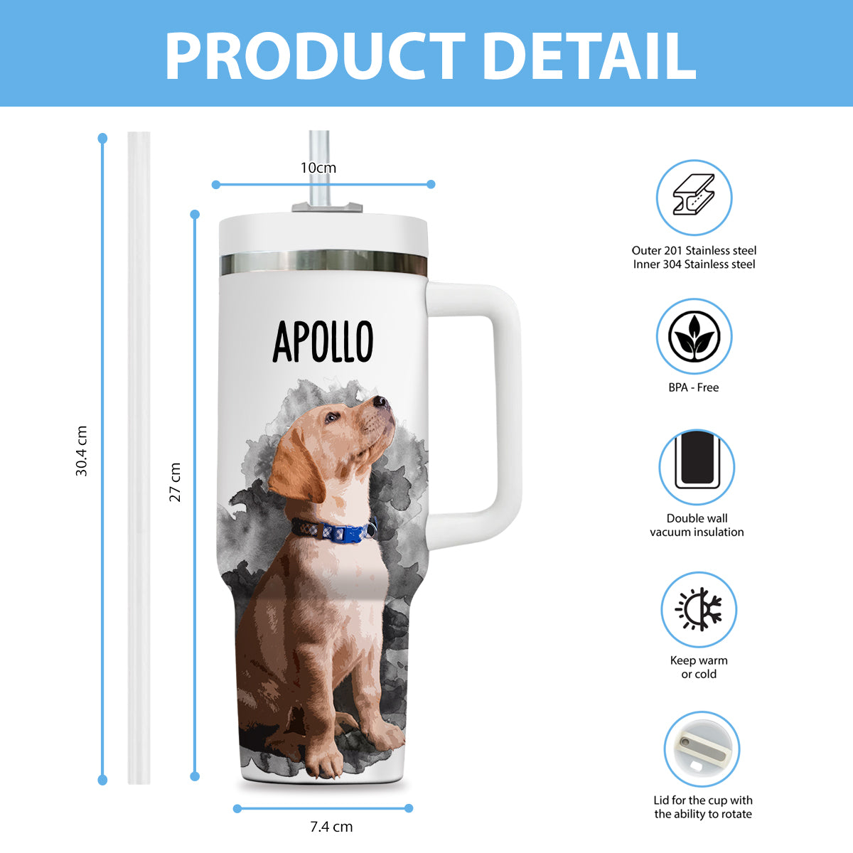 Custom Pet Photo Tumbler 40oz With Handle, Watercolor Pet Portrait From Photo Tumbler, Puppies Tumbler with Straw, Dog Lover Tumbler, Favorite Pet Tumbler, Stainless Steel Tumbler, Insulated Tumbler, Pet Photo Gift with Custom Pet Image 14