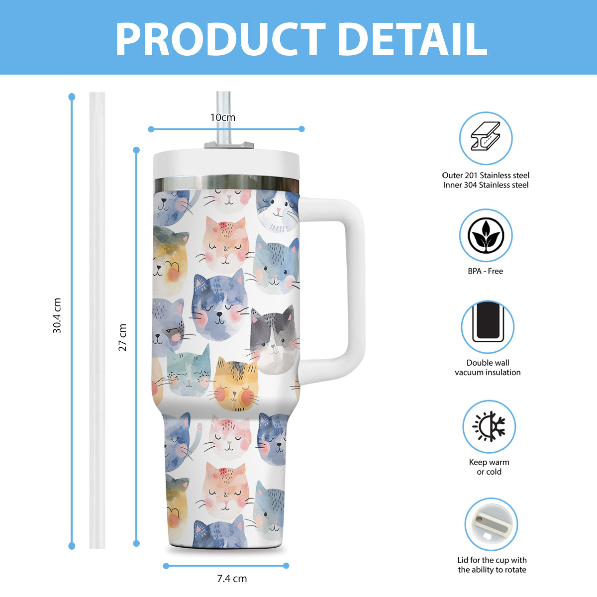 Cute Cat Tumbler 40oz With Handle, Cat Pattern 40oz Tumbler, Cat Lover Tumbler 40oz, Stainless Steel Tumbler, Insulated Tumbler 18