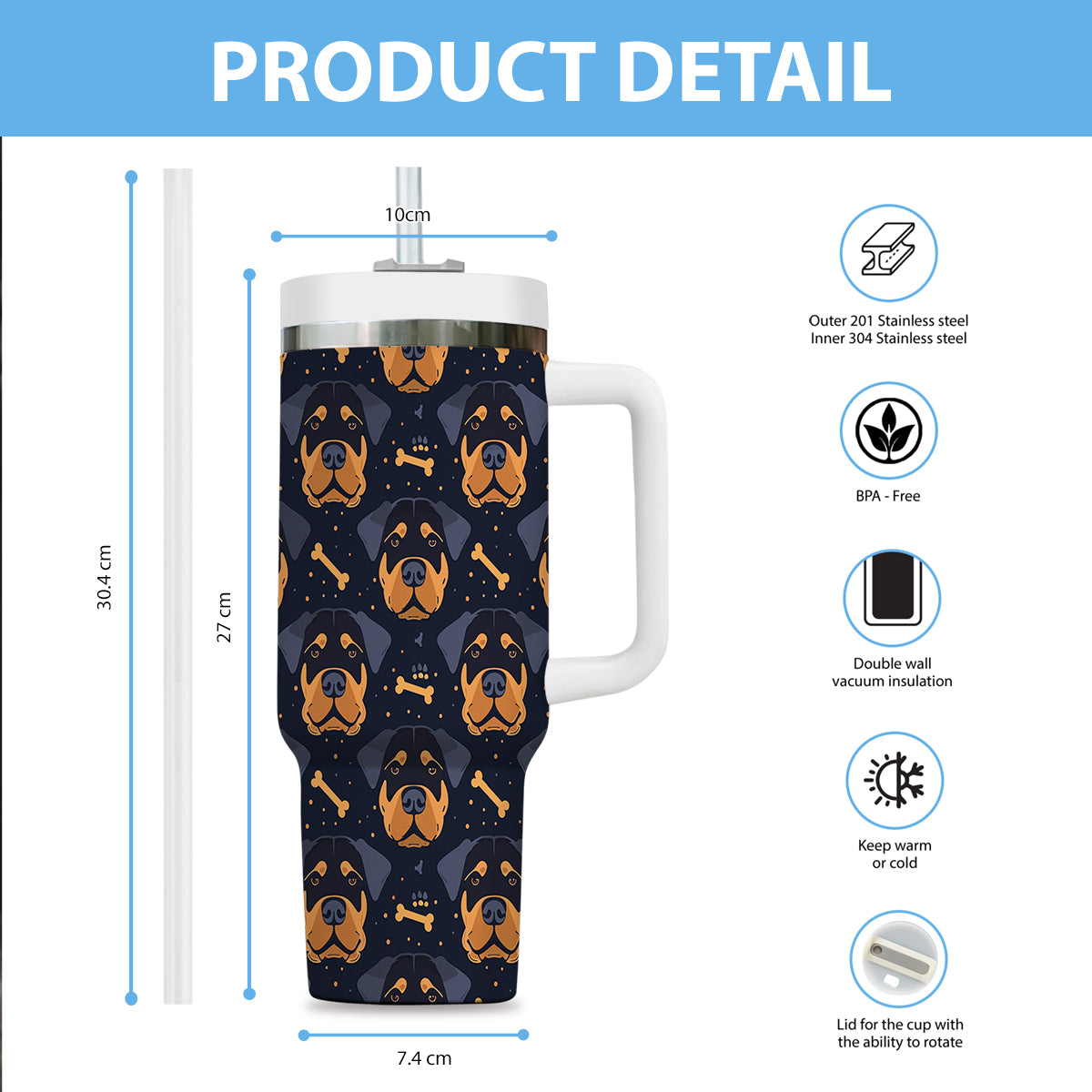 Cute Rottweiler Tumbler 40oz With Handle, Rottweiler Pattern 40oz Tumbler, Dog Paw Photo Tumbler with Straw, Dog Lover Tumbler, Stainless Steel Tumbler, Insulated Tumbler