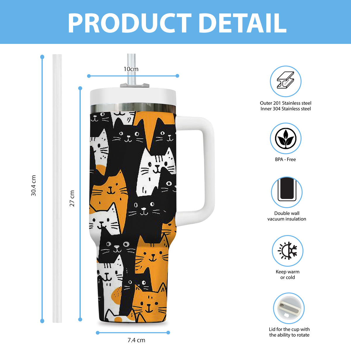 Cute Cat Tumbler 40oz With Handle, Cat Pattern 40oz Tumbler, Cat Lover Tumbler 40oz, Stainless Steel Tumbler, Insulated Tumbler 28