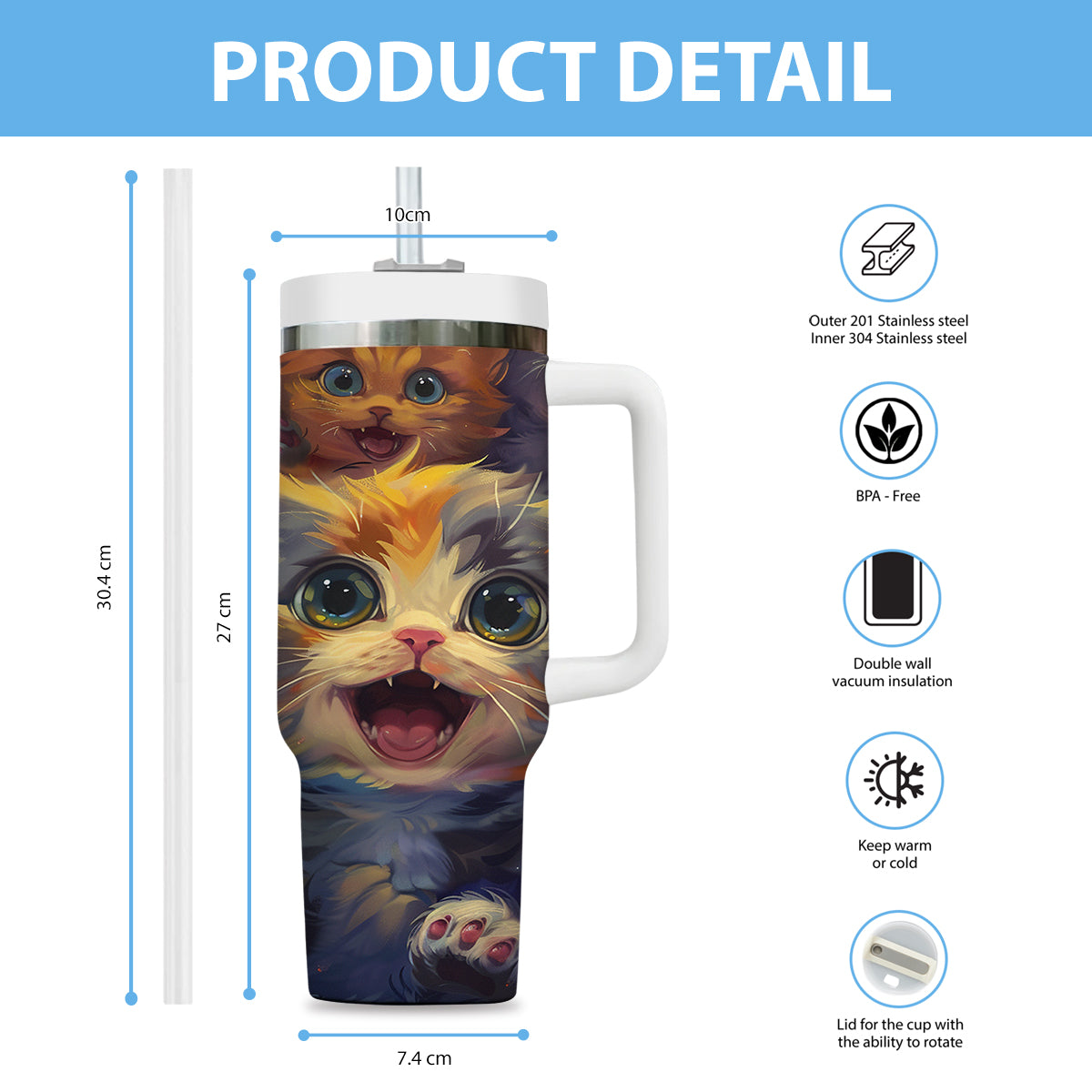 Cute Cat Tumbler 40oz With Handle, Cat Pattern 40oz Tumbler, Cat Lover Tumbler 40oz, Stainless Steel Tumbler, Insulated Tumbler 22