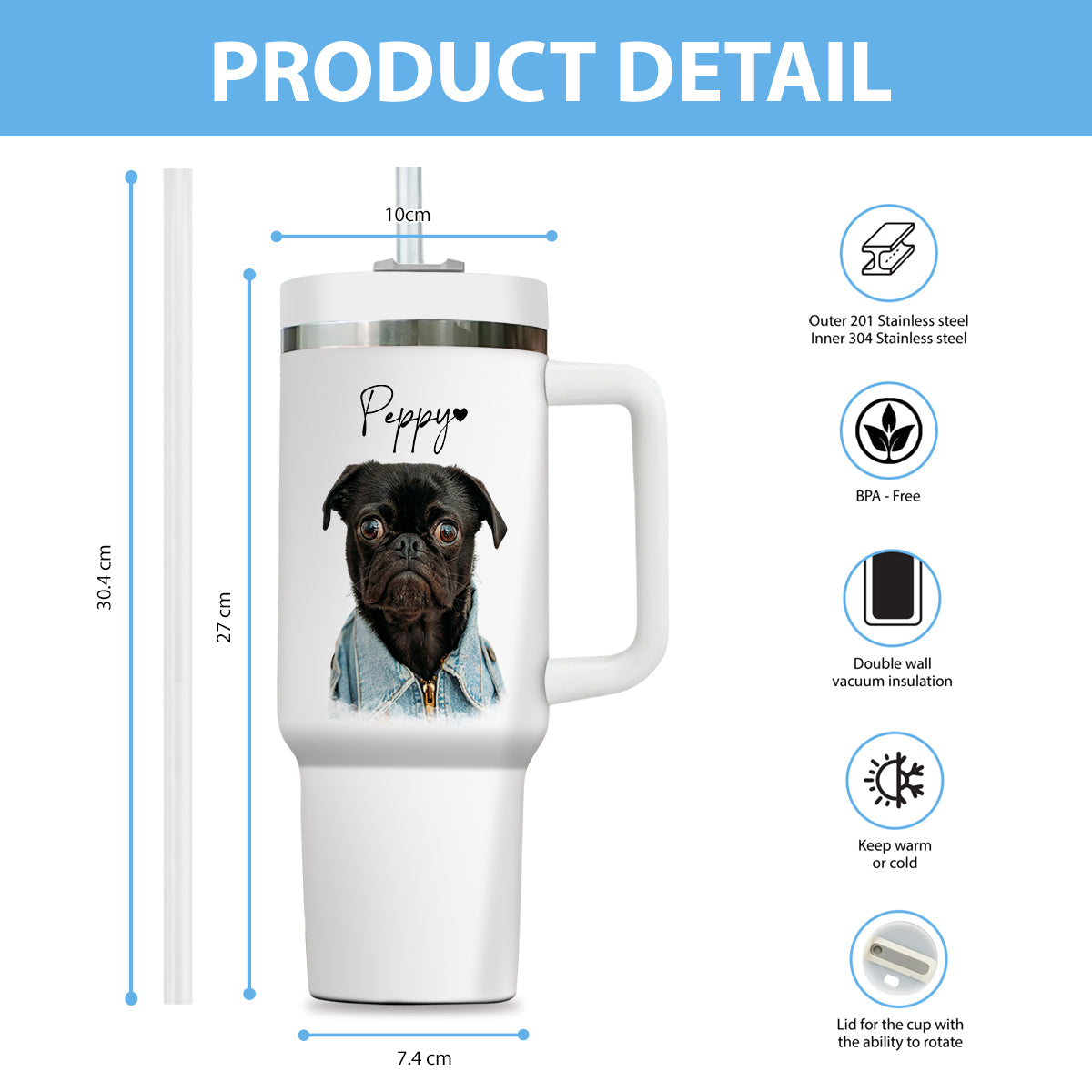 Custom Pet Photo Tumbler 40oz With Handle, Dog Photo Tumbler, Puppies Tumbler with Straw, Dog Lover Tumbler, Favorite Pet Tumbler, Stainless Steel Tumbler, Insulated Tumbler, Pet Photo Gift with Custom Pet Image 03