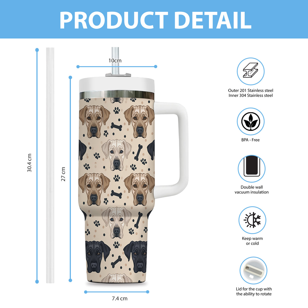 Cute Labrador Retriever Tumbler 40oz With Handle, Labrador Retriever Pattern 40oz Tumbler, Dog Paw Photo Tumbler with Straw, Dog Lover Tumbler, Stainless Steel Tumbler, Insulated Tumbler