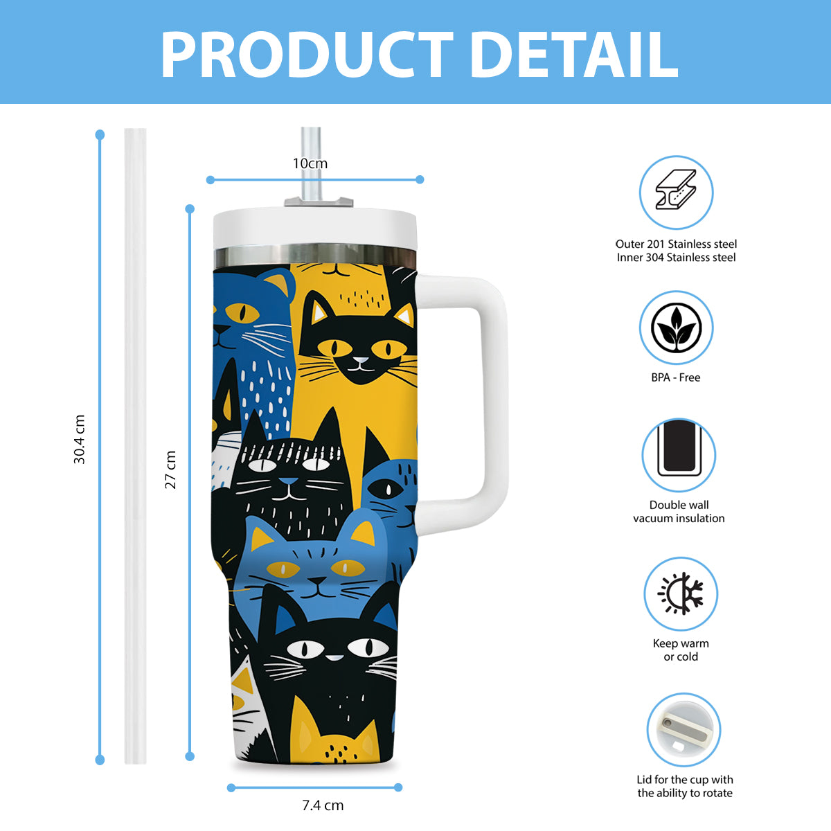 Cute Cat Tumbler 40oz With Handle, Cat Pattern 40oz Tumbler, Cat Lover Tumbler 40oz, Stainless Steel Tumbler, Insulated Tumbler 29