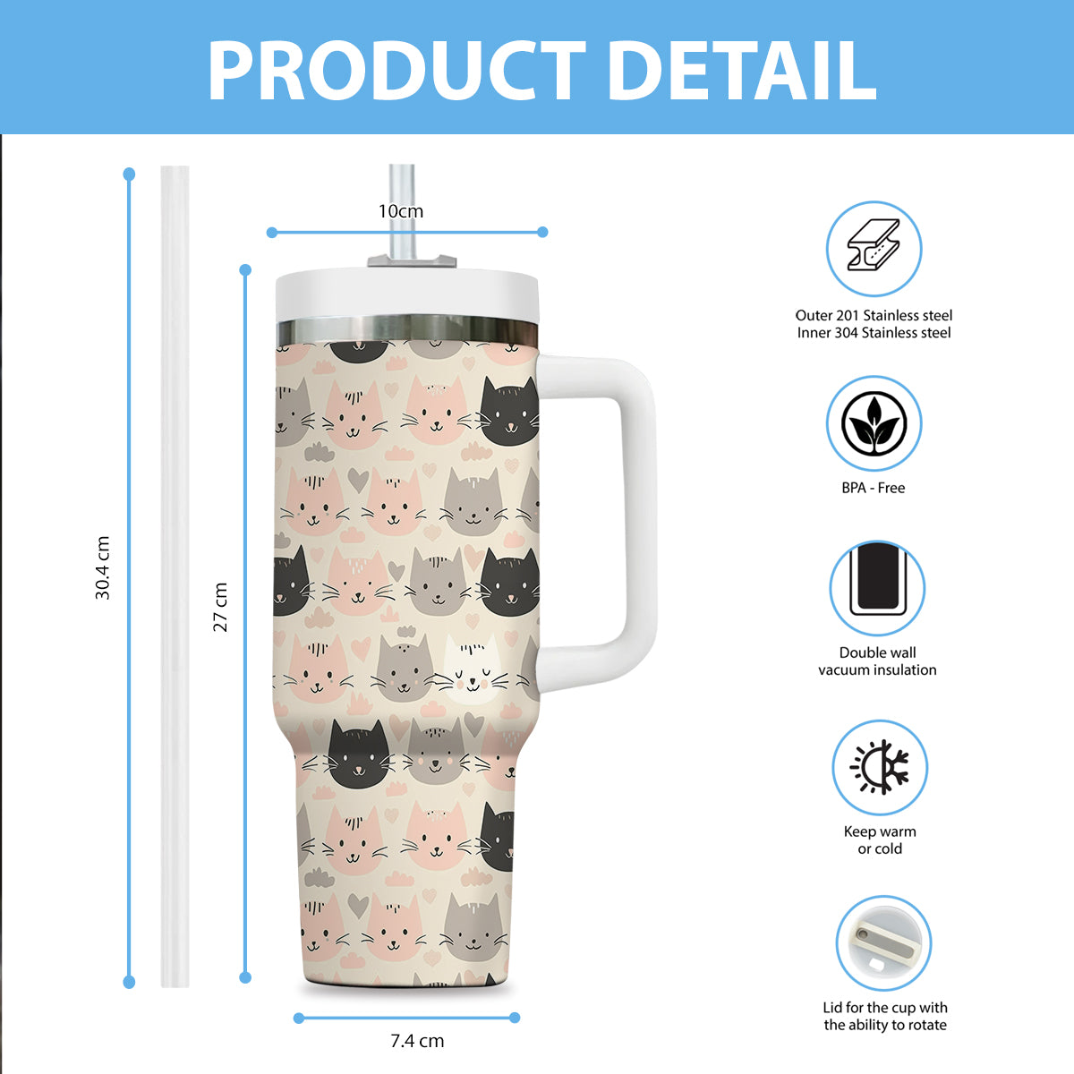 Cute Cat Tumbler 40oz With Handle, Cat Pattern 40oz Tumbler, Cat Lover Tumbler 40oz, Stainless Steel Tumbler, Insulated Tumbler 11