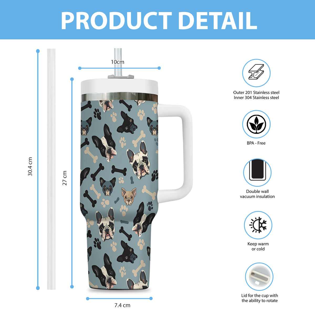 Cute French Bulldog Tumbler 40oz With Handle, French Bulldog Pattern 40oz Tumbler, Dog Paw Photo Tumbler with Straw, Dog Lover Tumbler, Stainless Steel Tumbler, Insulated Tumbler 02