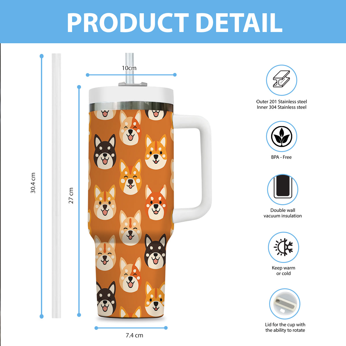 Cute Shiba Tumbler 40oz With Handle, Shiba Pattern 40oz Tumbler, Dog Paw Photo Tumbler with Straw, Dog Lover Tumbler, Stainless Steel Tumbler, Insulated Tumbler 02