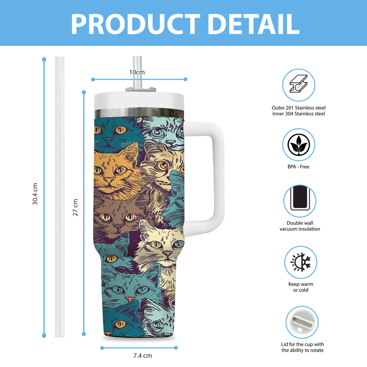 Cute Cat Tumbler 40oz With Handle, Cat Pattern 40oz Tumbler, Cat Lover Tumbler 40oz, Stainless Steel Tumbler, Insulated Tumbler 24