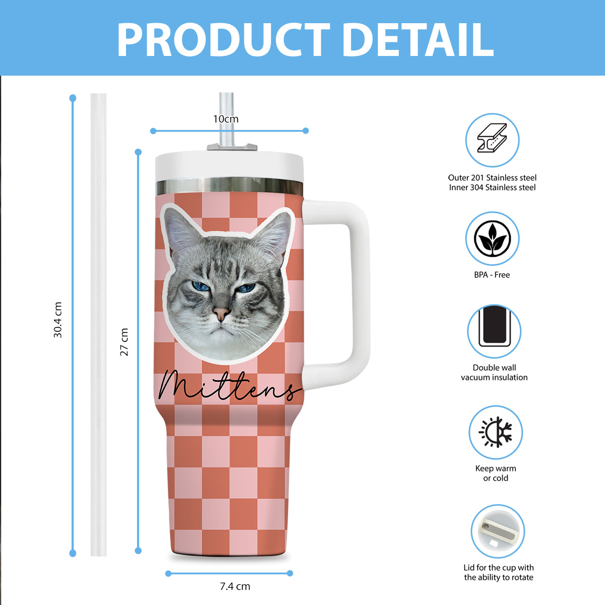 Custom Pet Portrait Tumbler With Pet Name Photo, Custom Dog Tumbler Personalized Cat Tumbler 40oz With Handle, Custom Checkered Tumbler Puppy Gift Pet Travel Mug, Stainless Steel Tumbler, Insulated Tumbler 17