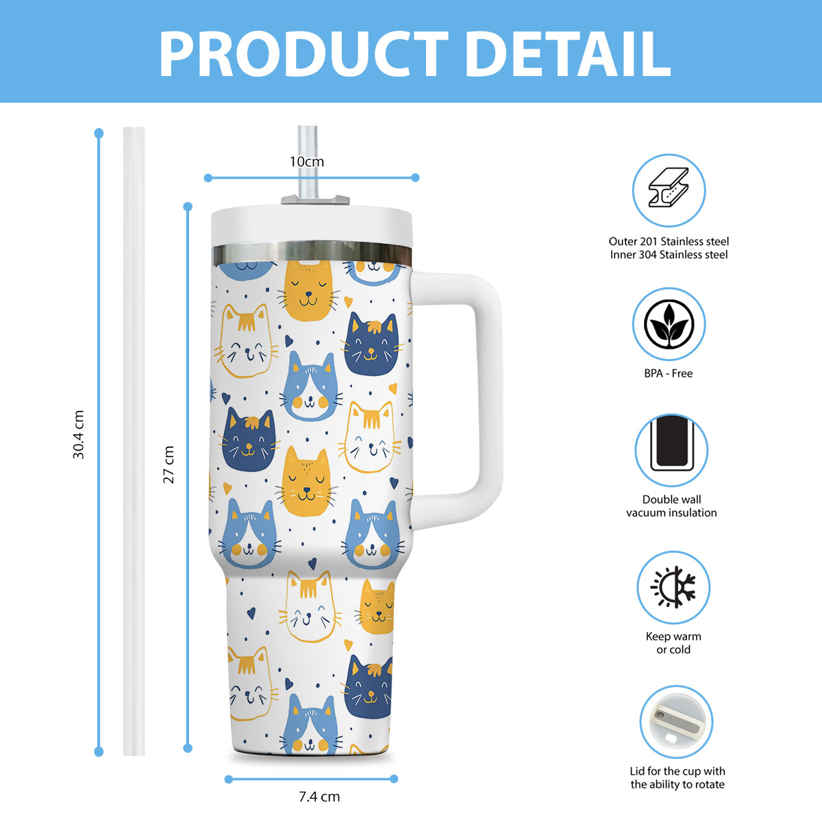 Cute Cat Tumbler 40oz With Handle, Cat Pattern 40oz Tumbler, Cat Lover Tumbler 40oz, Stainless Steel Tumbler, Insulated Tumbler 17