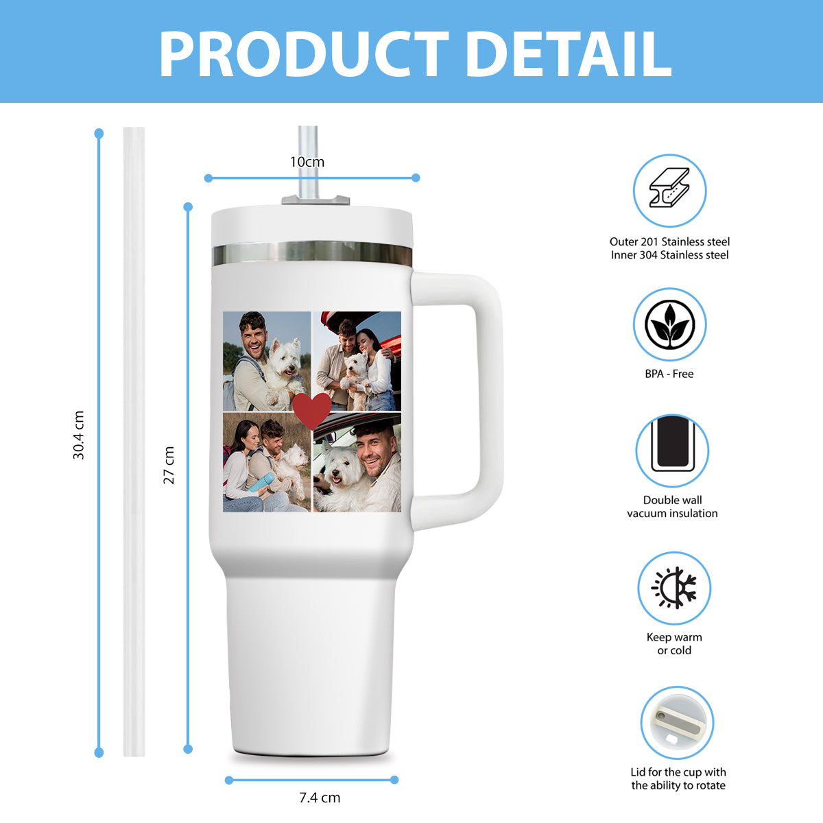 Custom Pet Photo Tumbler 40oz With Handle, Dog Photo Tumbler, Puppies Tumbler with Straw, Dog Lover Tumbler, Favorite Pet Tumbler, Stainless Steel Tumbler, Insulated Tumbler, Pet Photo Gift with Custom Pet Image 10