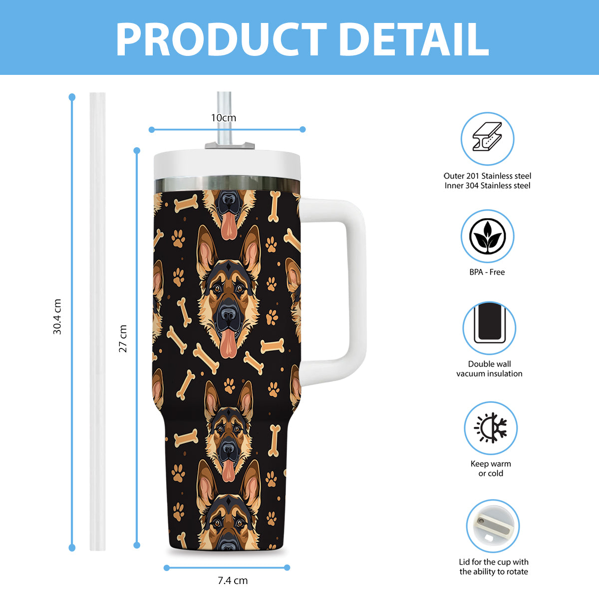 Cute German Shepherd Tumbler 40oz With Handle, German Shepherd Pattern 40oz Tumbler, Dog Paw Photo Tumbler with Straw, Dog Lover Tumbler, Stainless Steel Tumbler, Insulated Tumbler