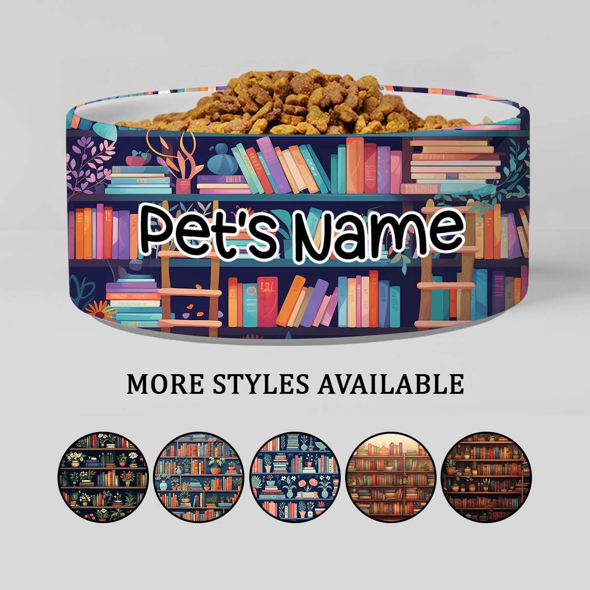 Personalized Dog Pet Cat Bowls, Teal Boho Book Lovers Library Custom Pet Bowls for Dogs and Cats, Eclectic Modern Spotted Dishes With Name, Ceramic Custom Cute Dog Bowls, Designer Large and Small Dog Cat Pet Bowls Dish, Gift for Pet