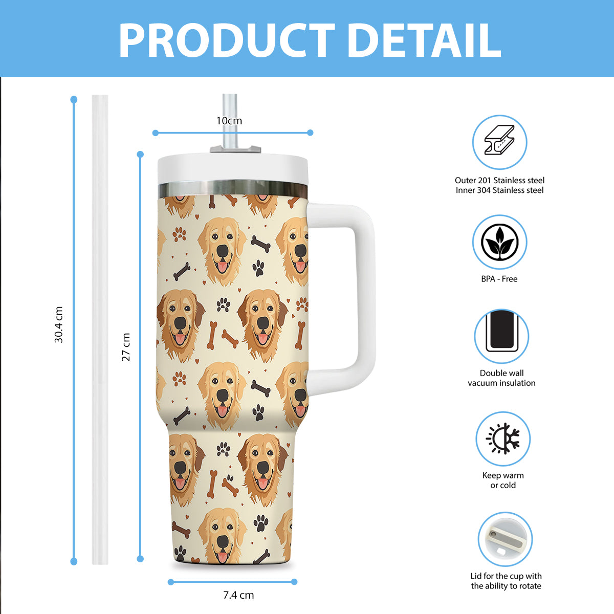 Cute Golden Retriever Tumbler 40oz With Handle, Golden Retriever Pattern 40oz Tumbler, Dog Paw Photo Tumbler with Straw, Dog Lover Tumbler, Stainless Steel Tumbler, Insulated Tumbler