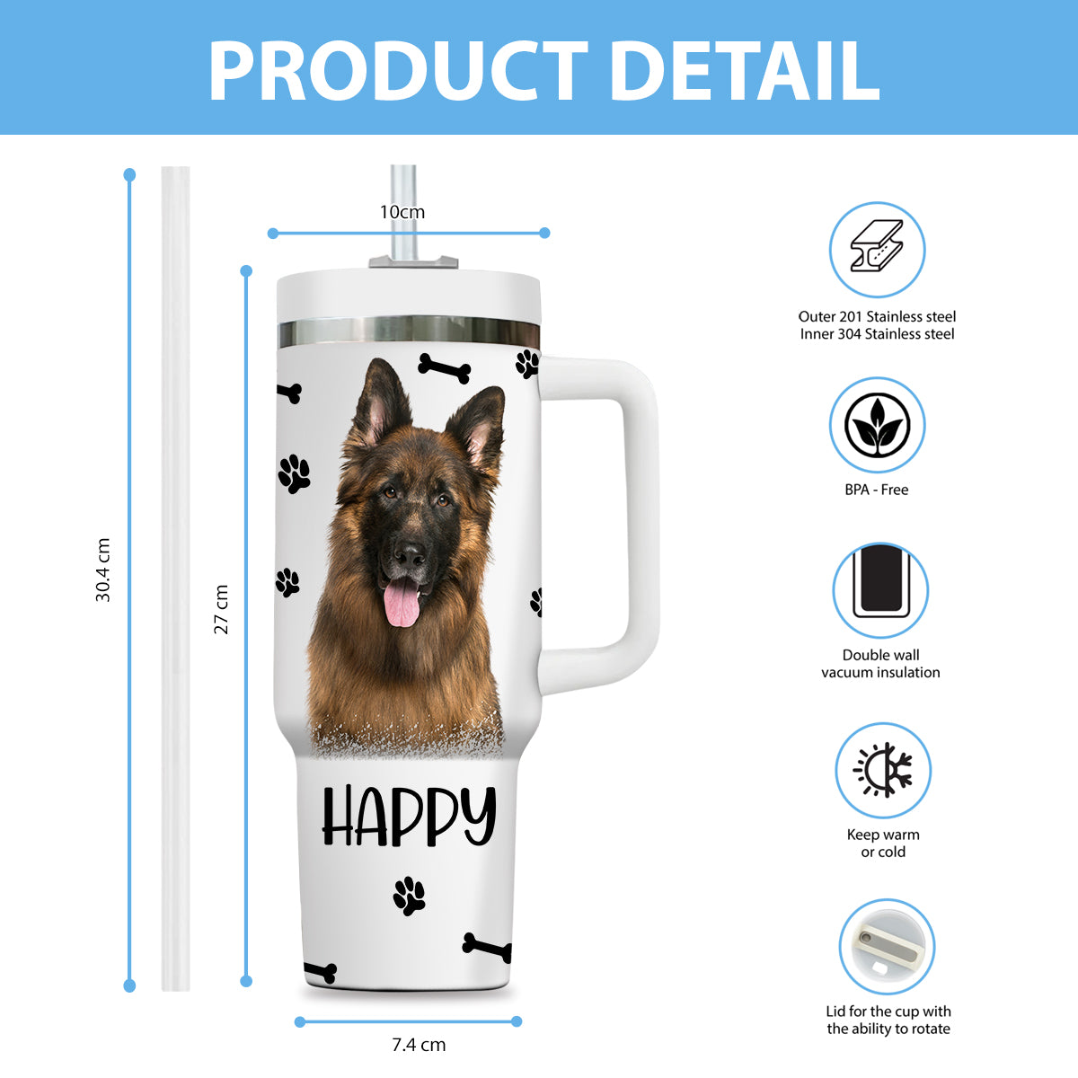 Custom Pet Photo Tumbler 40oz With Handle, Watercolor Pet Portrait From Photo Tumbler,  Personalized Dog Face Photo Tumbler with Straw, Dog Lover Tumbler, Stainless Steel Tumbler, Insulated Tumbler 15