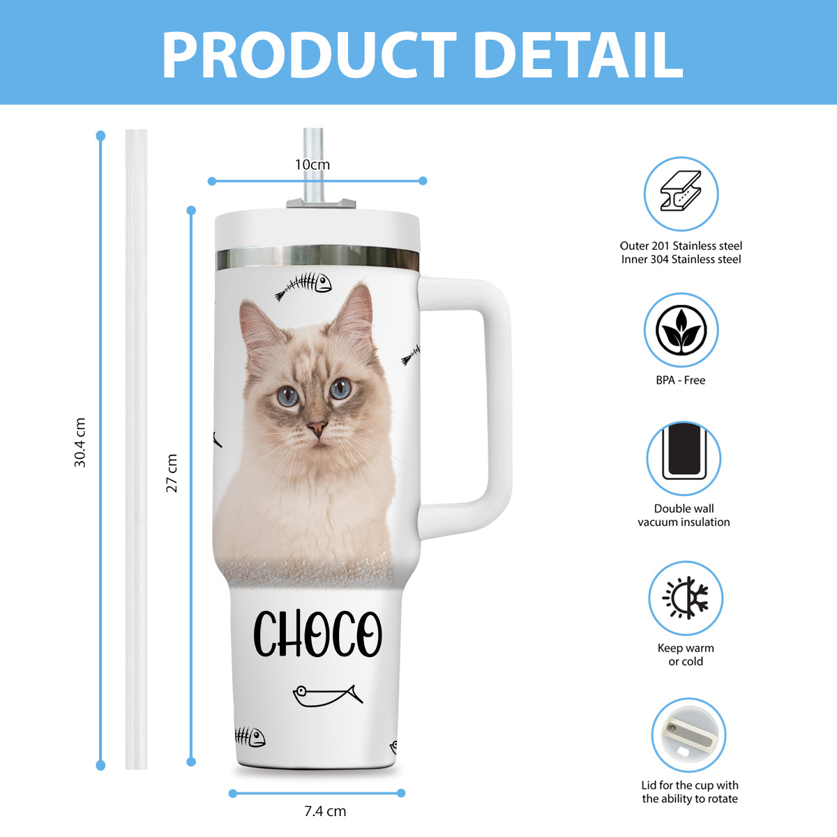 Custom Pet Photo Tumbler 40oz With Handle, Watercolor Pet Portrait From Photo Tumbler,  Personalized Cat Face Photo Tumbler with Straw, Cat Lover Tumbler, Stainless Steel Tumbler, Insulated Tumbler 16