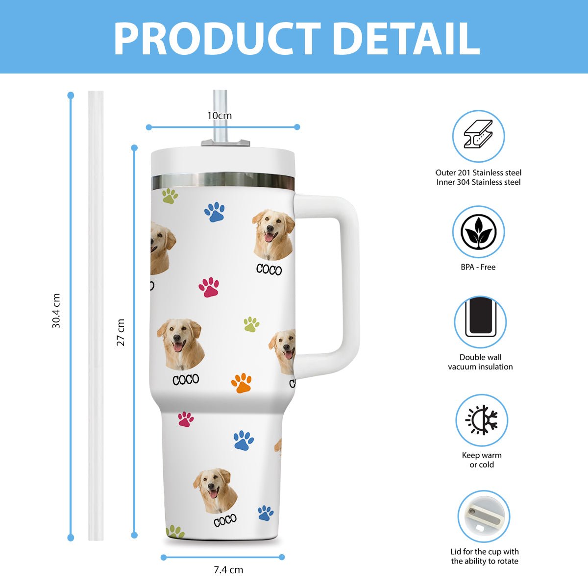 Custom Pet Photo Tumbler 40oz With Handle, Just A Girl Who Loves Dogs: Personalized Cute Dog Gifts for Dog Mom, Pets, Paw Prints , Puppies Tumbler with Straw, Dog Lover Tumbler, Favorite Pet Tumbler, Stainless Steel Tumbler, Insulated Tumbler 09