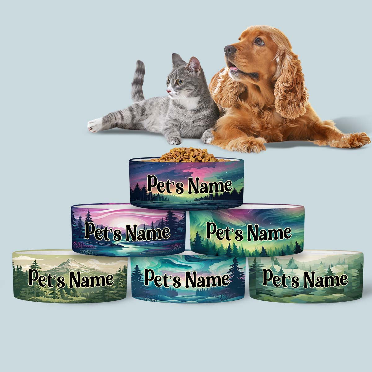 Personalized Dog Pet Cat Bowls, Alaskan Mountain Forest Trees Custom Pet Bowls for Dogs and Cats, Eclectic Modern Spotted Dishes With Name, Ceramic Custom Cute Dog Bowls, Designer Large and Small Dog Cat Pet Bowls Dish, Gift for Pet
