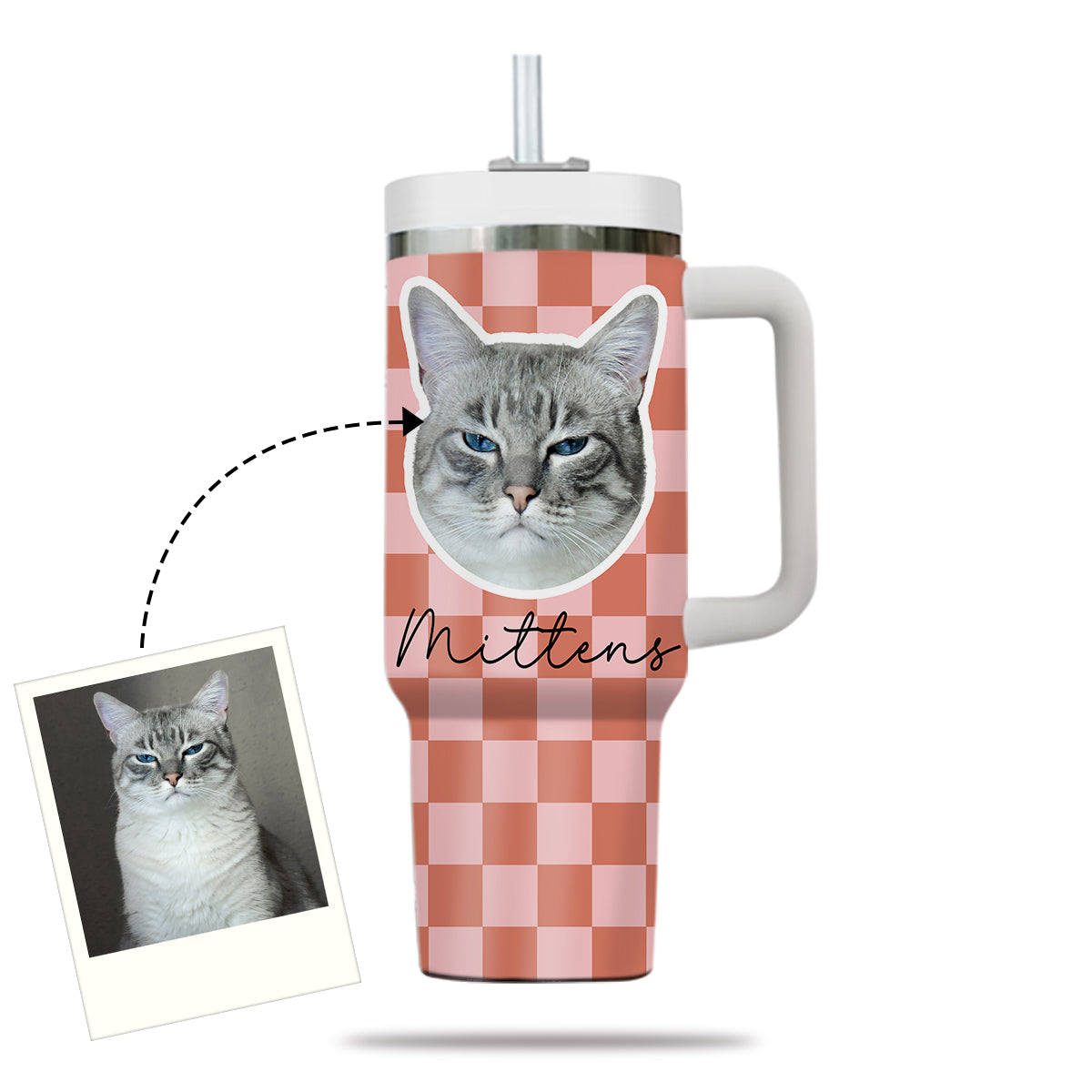 Custom Pet Portrait Tumbler With Pet Name Photo, Custom Dog Tumbler Personalized Cat Tumbler 40oz With Handle, Custom Checkered Tumbler Puppy Gift Pet Travel Mug, Stainless Steel Tumbler, Insulated Tumbler 17