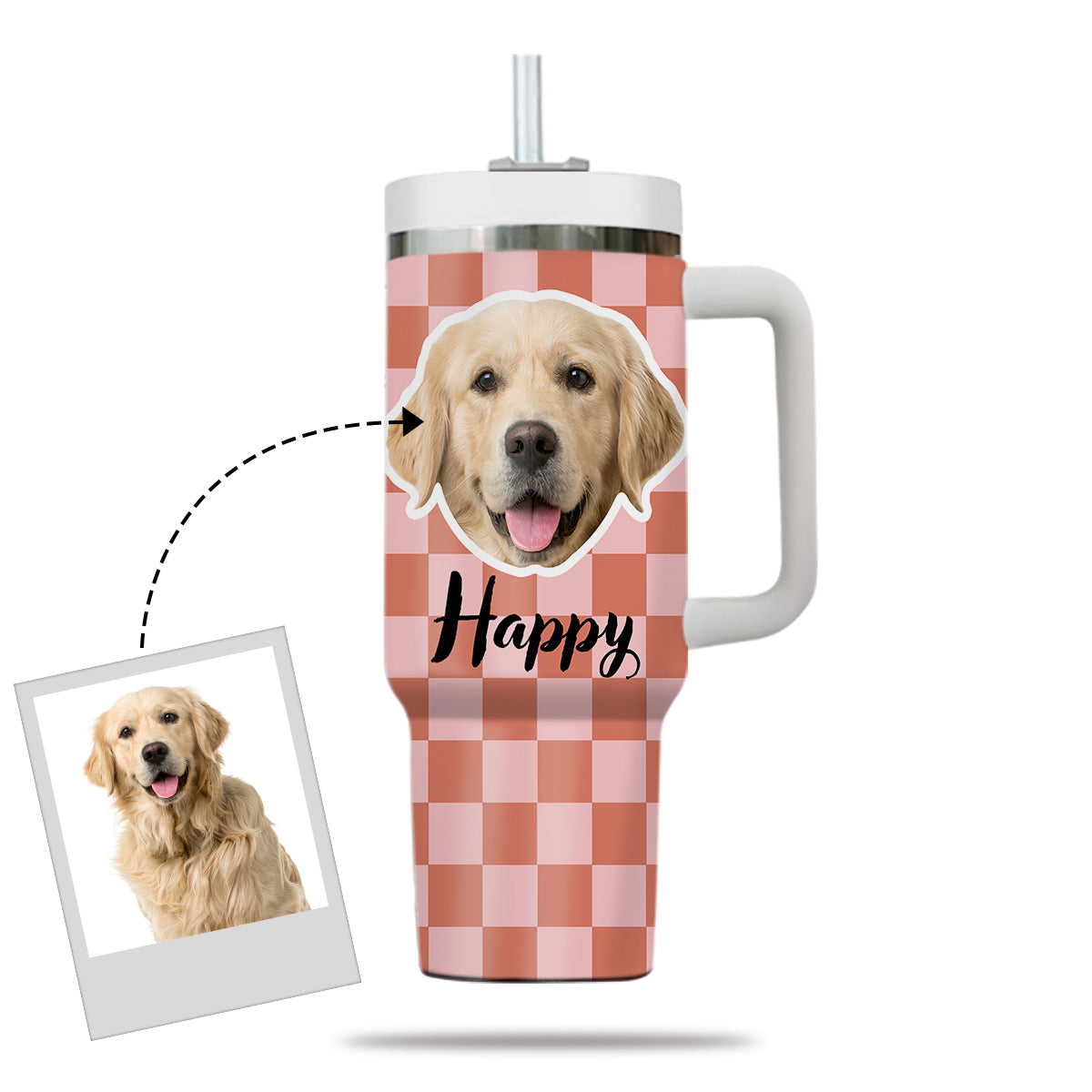 Custom Pet Portrait Tumbler With Pet Name Photo, Custom Dog Tumbler Personalized Cat Tumbler 40oz With Handle, Custom Checkered Tumbler Puppy Gift Pet Travel Mug, Stainless Steel Tumbler, Insulated Tumbler 17