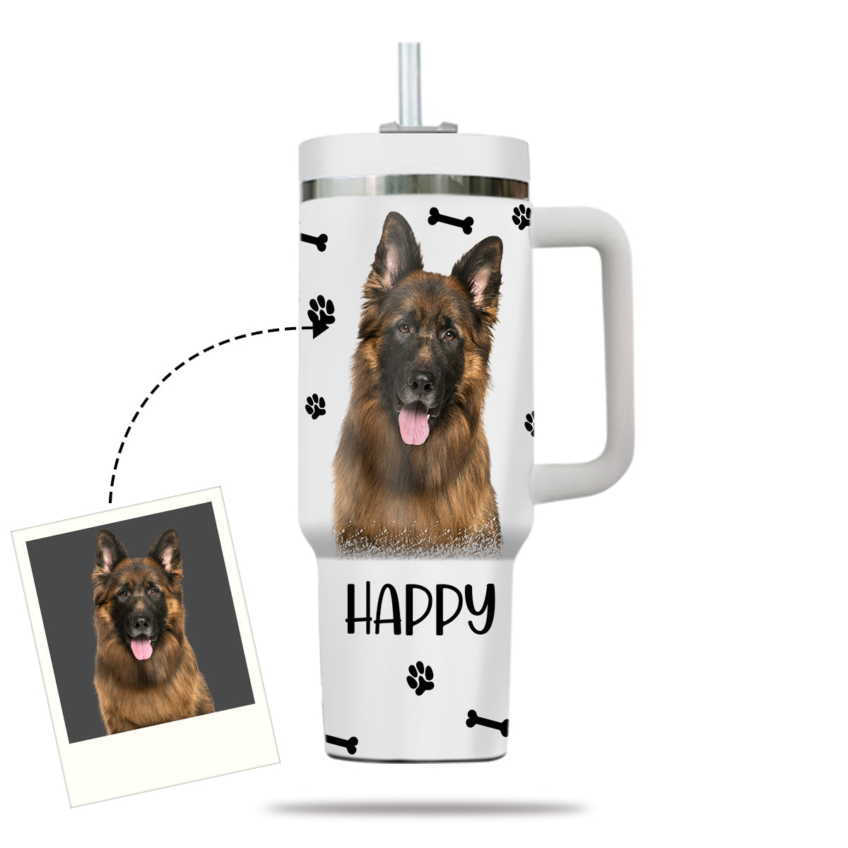 Custom Pet Photo Tumbler 40oz With Handle, Watercolor Pet Portrait From Photo Tumbler,  Personalized Dog Face Photo Tumbler with Straw, Dog Lover Tumbler, Stainless Steel Tumbler, Insulated Tumbler 15