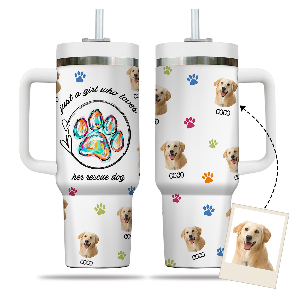 Custom Pet Photo Tumbler 40oz With Handle, Just A Girl Who Loves Dogs: Personalized Cute Dog Gifts for Dog Mom, Pets, Paw Prints , Puppies Tumbler with Straw, Dog Lover Tumbler, Favorite Pet Tumbler, Stainless Steel Tumbler, Insulated Tumbler 09