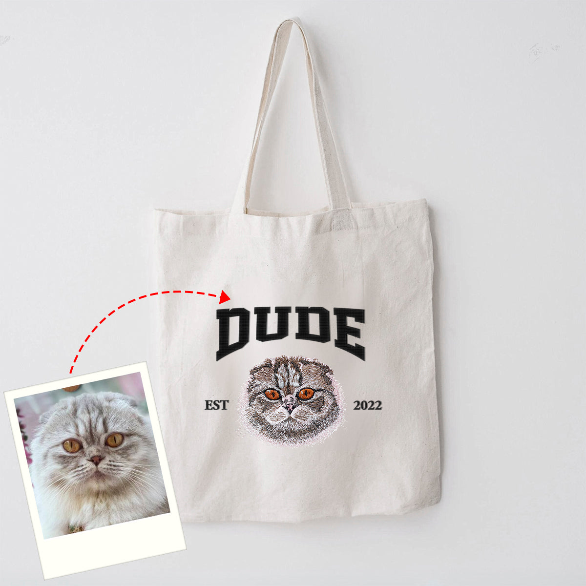 Custom Embroidered Pet From Your Photo Canvas Tote, Personalized Cat Tote Bag, Pet Name Tote, Cat Mom Gift, Cat Lover Gift 33