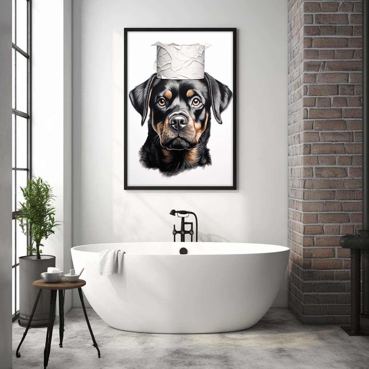 Rottweiler With Toilet Paper, Canvas Or Poster, Funny Dog Art, Bathroom Wall Decor, Home Decor, Bathroom Wall Art, Dog Wall Decor, Animal Decor, Pet Gift, Pet Illustration, Digital Download