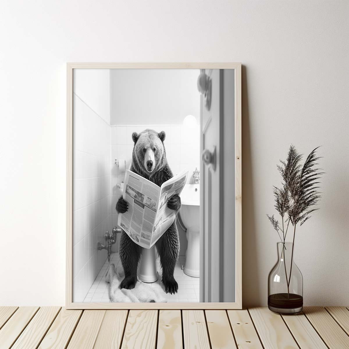 Bear Sitting on the Toilet Reading a Newspaper, Funny Bathroom Wall Decor, Funny Animal Print, Home Printables, Digital Download